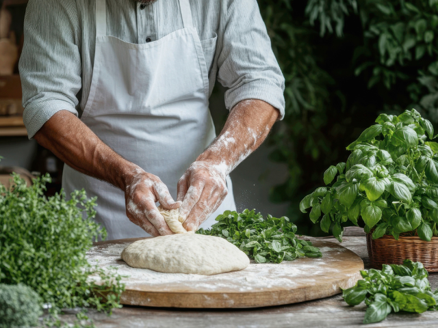 Man in apron standing in front of outdoor cooking surface, kneading dough. Arms covered in flour.