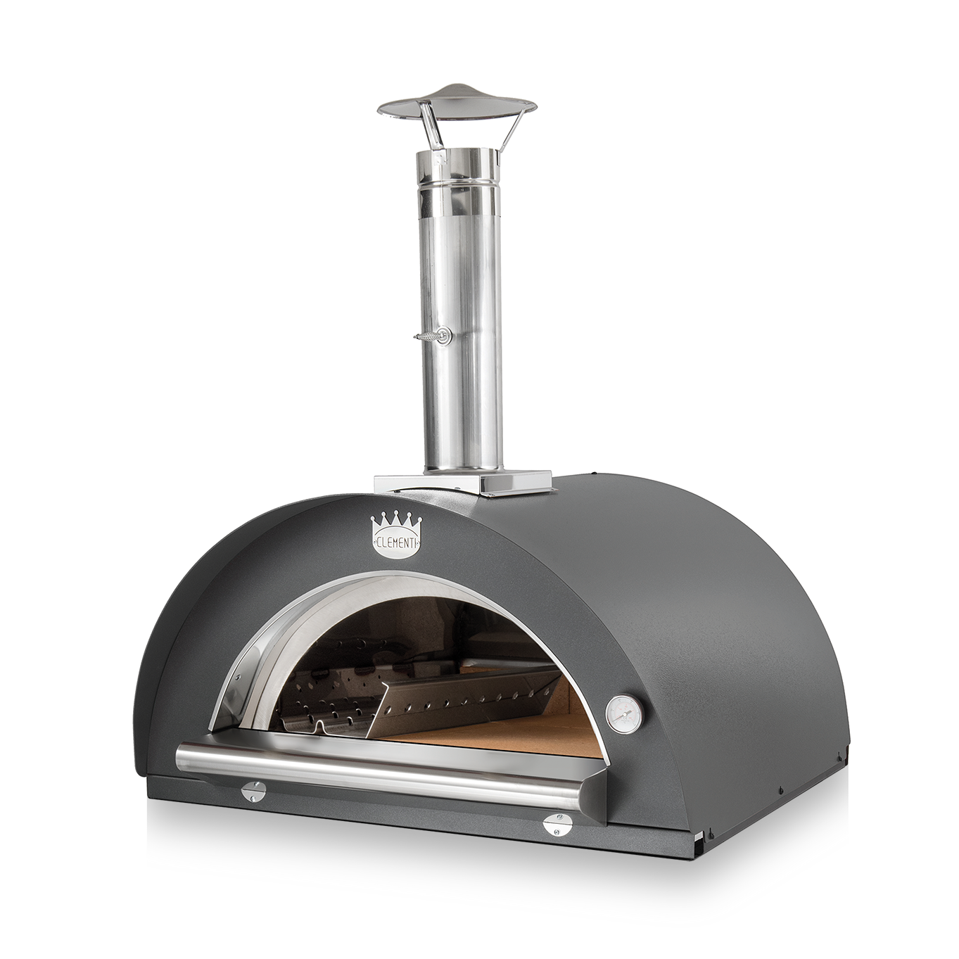 Clementi Wood Fired Pizza Oven 60x60 in Anthracite with door open. The Outdoor Grill Company.