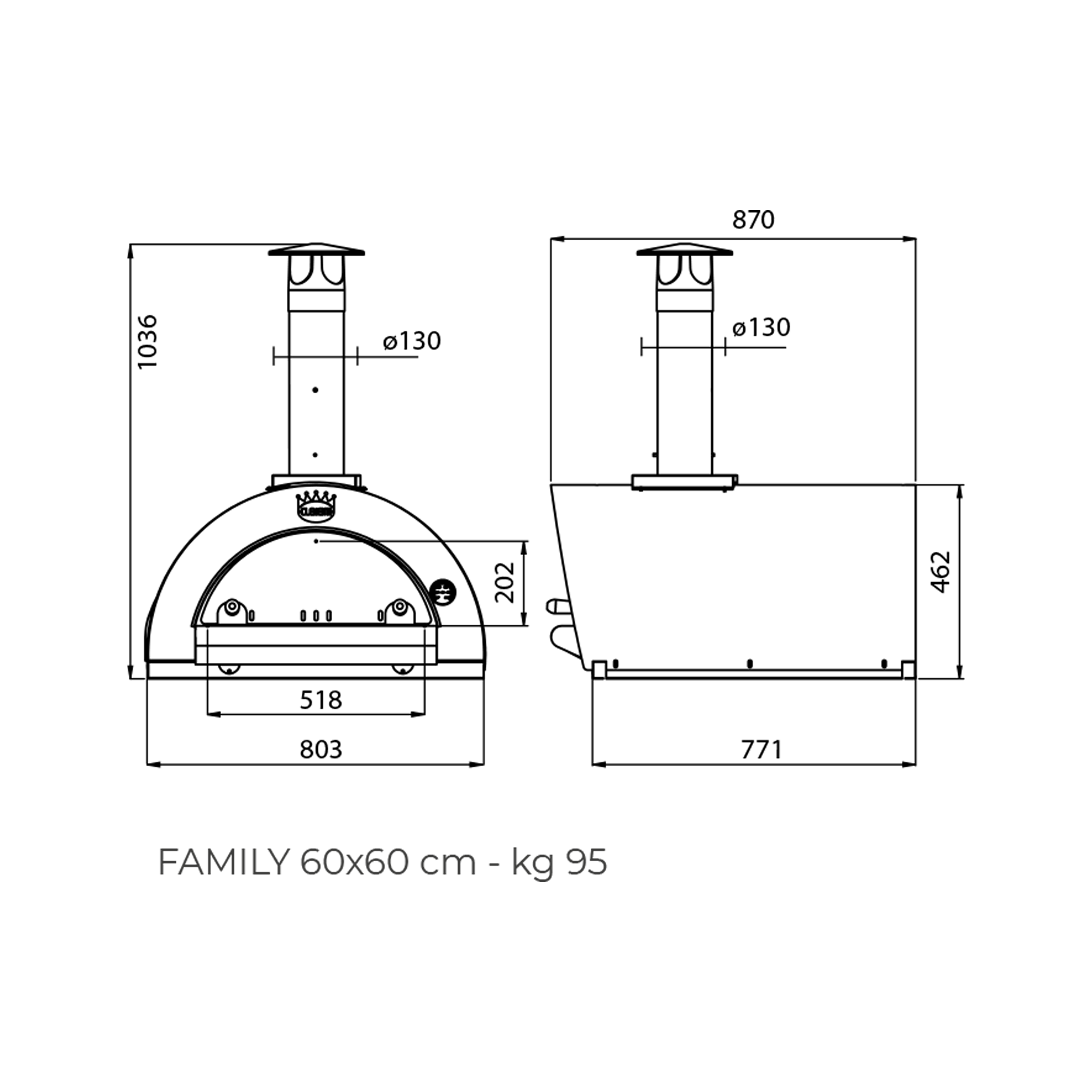 Dimentions for 60x60 Clementi Pulcinella Pizza Oven. The Outdoor Grill Company.