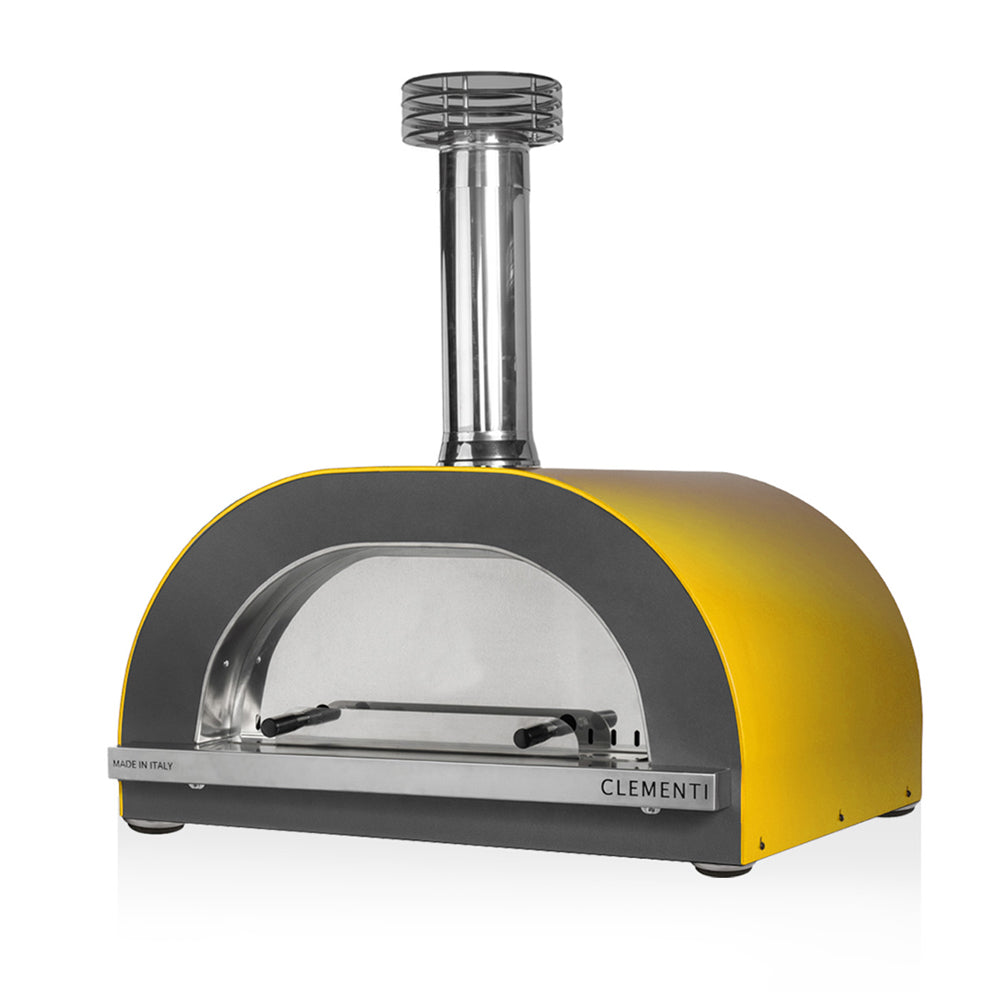 Clementi Gold 100x80 wood-fired pizza oven. Product image shown in mustard. The Outdoor Grill Company
