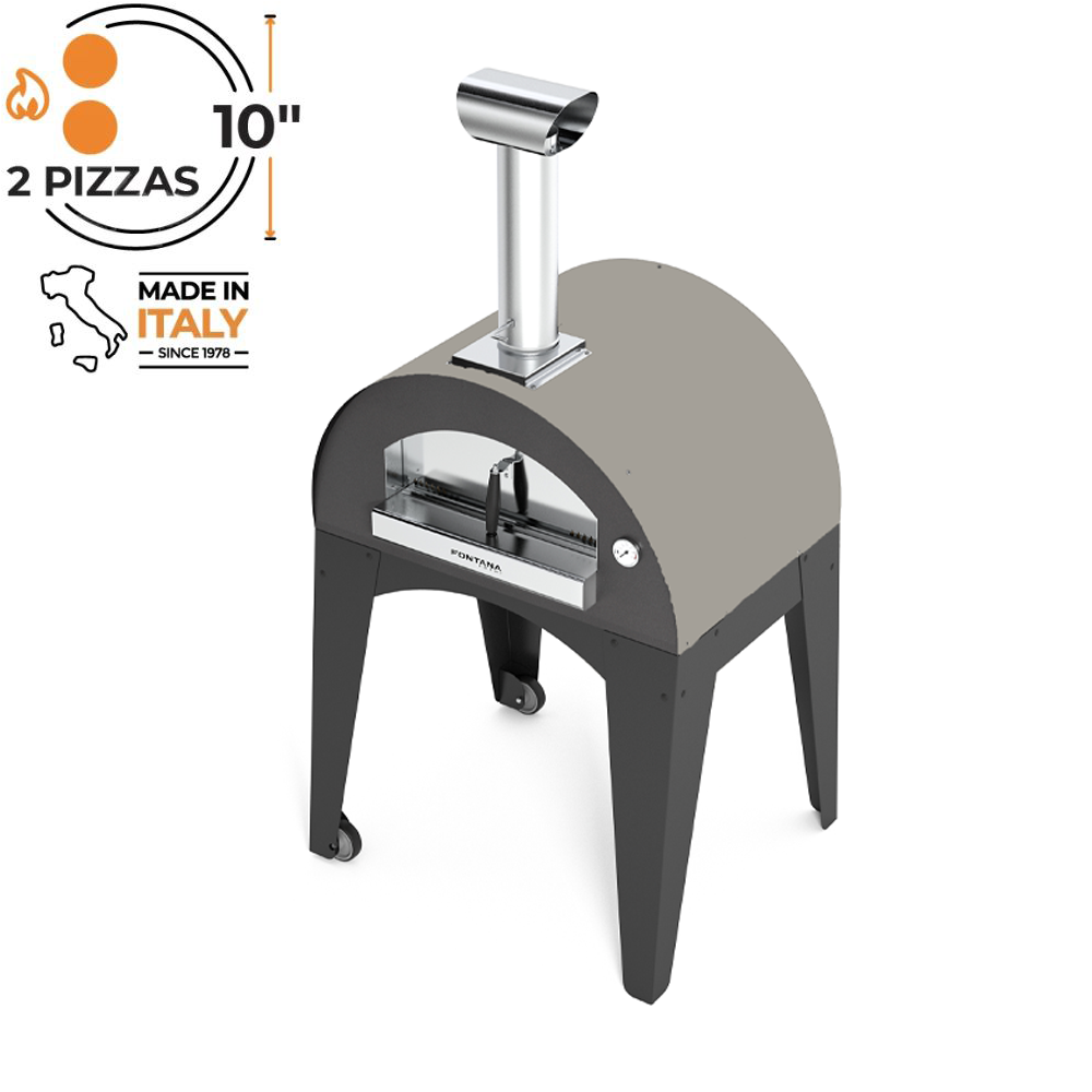 Fontana Lorenzo Countertop Wood fired pizza oven in Pearl colour looking down on to the top of the oven countertop pizza oven is on a stand. The Outdoor Grill Company.