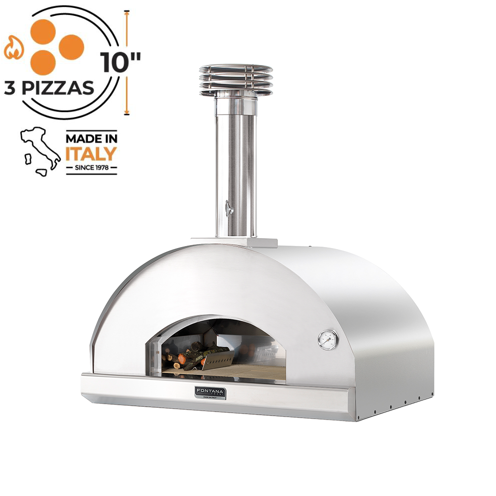 Fontana Forni Mangiafuoco Gas and Wood-fired Hybrid CounterTop Pizza Oven in Stainless Steel, standalone product photo with white background