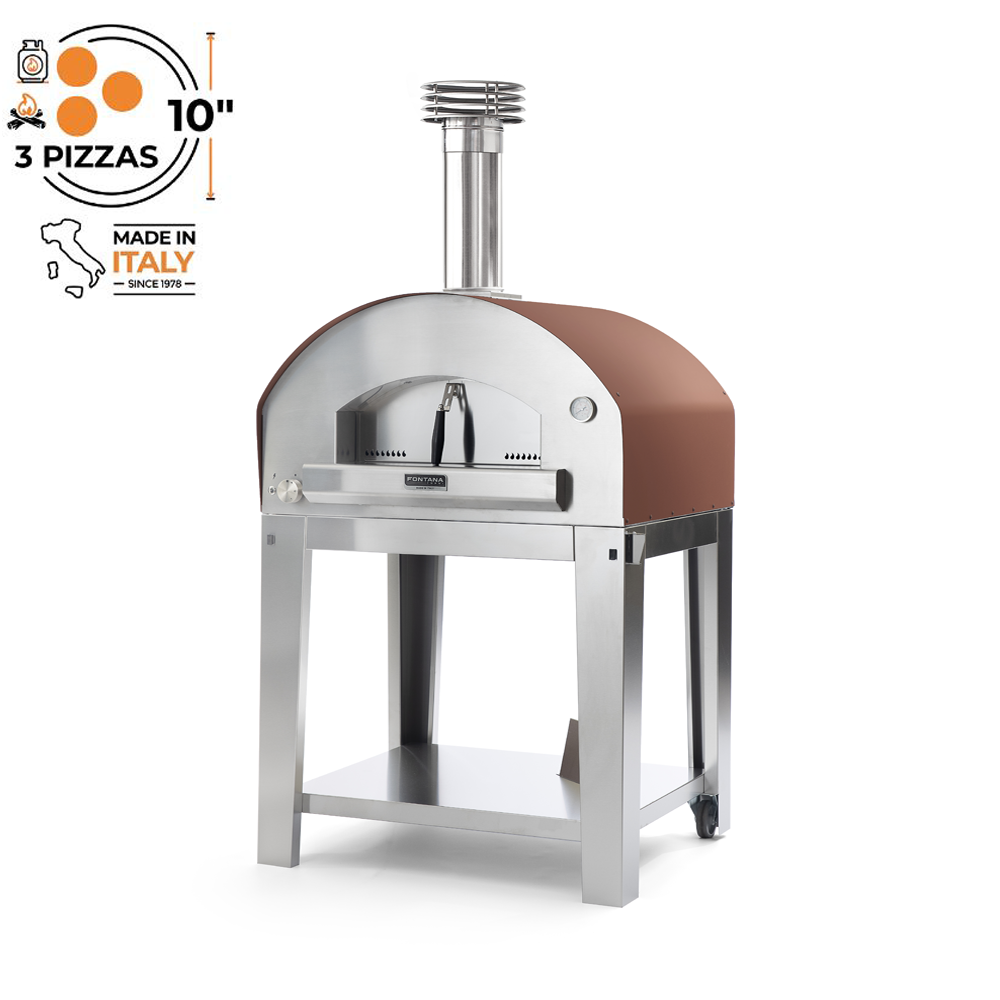 Fontana Forni - Mangiafuoco Gas and Wood Pizza Oven in Rosso - Including Trolley. Product image with white background. The Outdoor Grill Company.