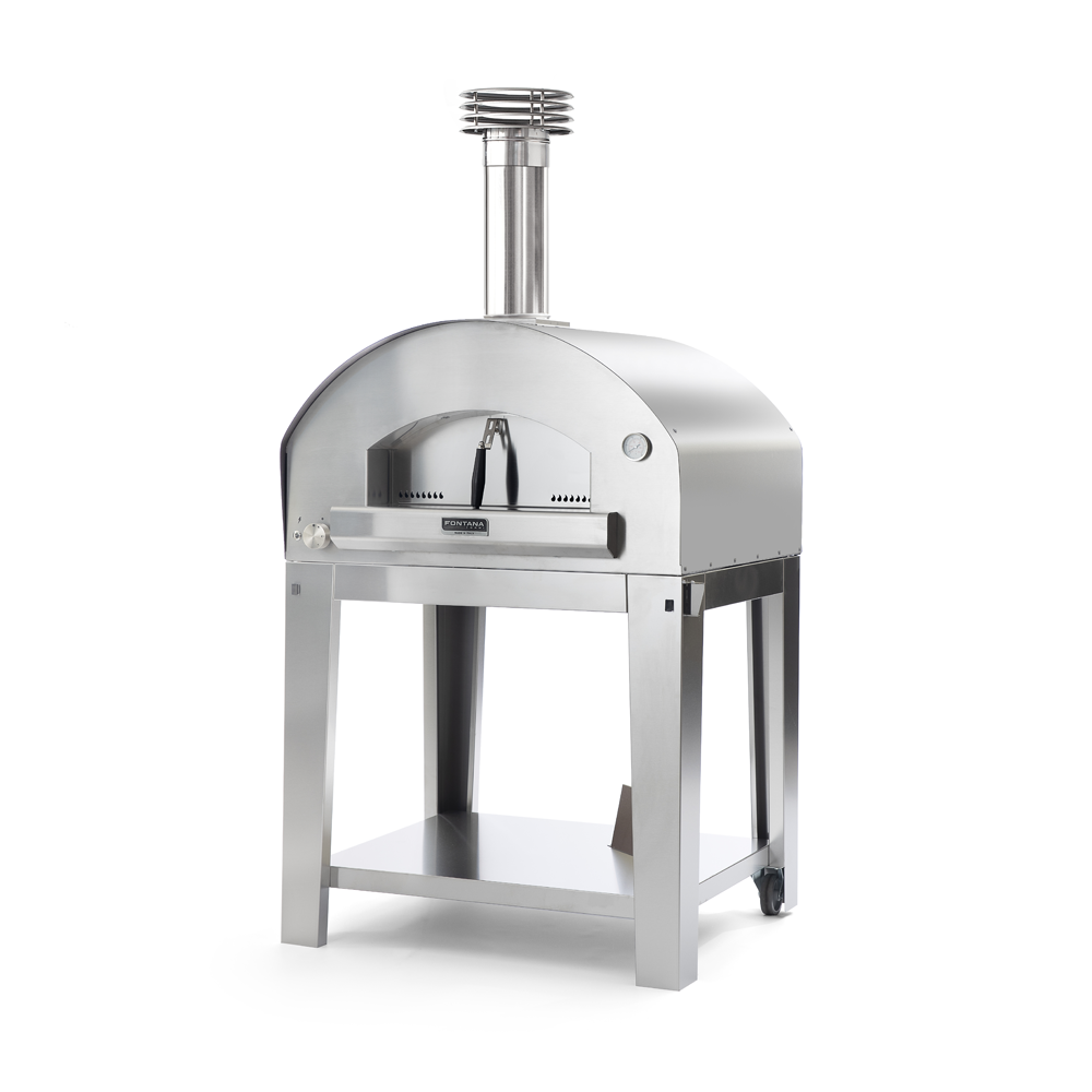 Fontana Forni - Mangiafuoco Gas and Wood Pizza Oven in Stainless Steel - Including Trolley. Product image with white background. The Outdoor Grill Company