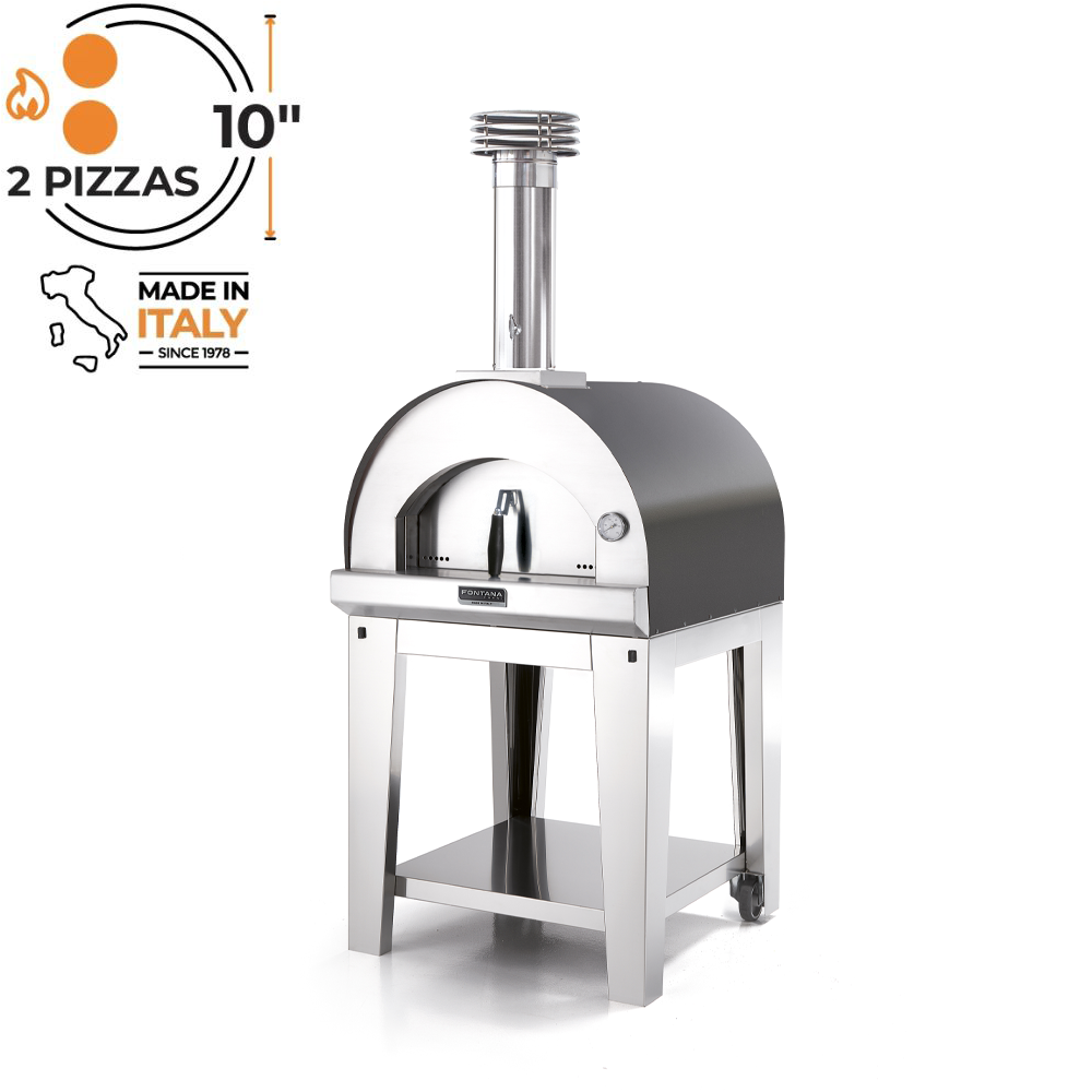 Fontana Forni Margherita Countertop-Wood-Fired Oven in Anthracite with Trolley. Product image with white background also with cooking capacity diagram showing 2x 10 inch pizzas.