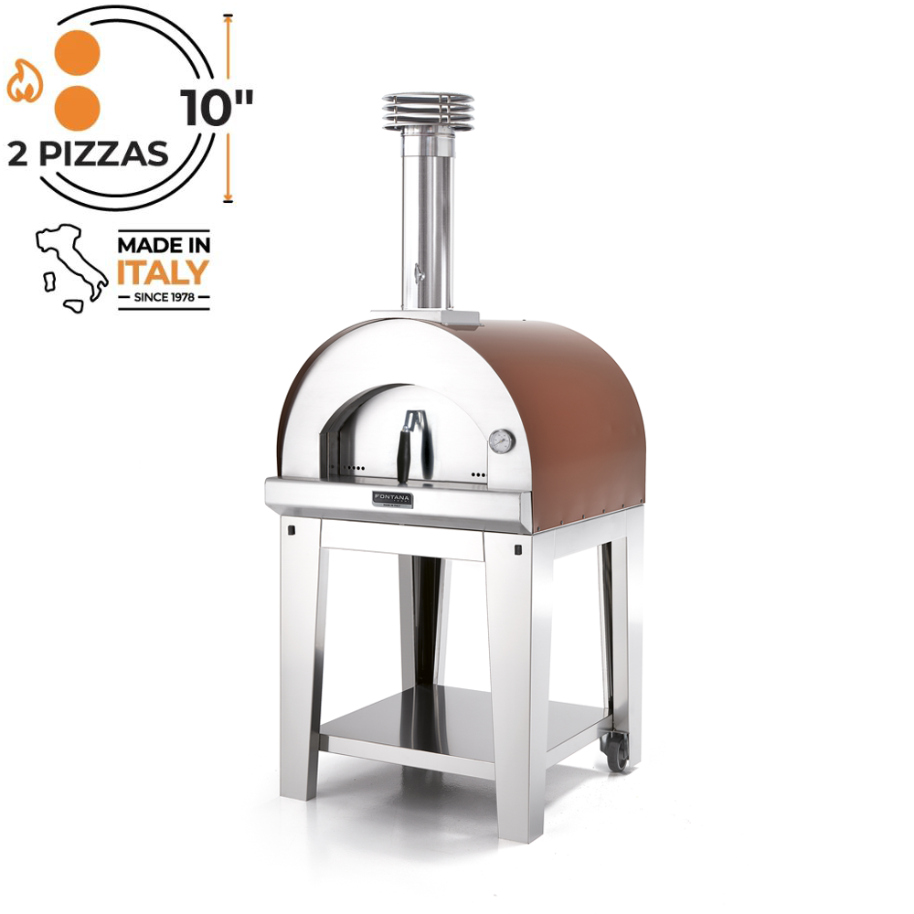 Fontana Forni Margherita Countertop-Wood-Fired Oven in Rosso with Trolley. Product image with white background also with cooking capacity diagram showing 2x 10 inch pizzas.