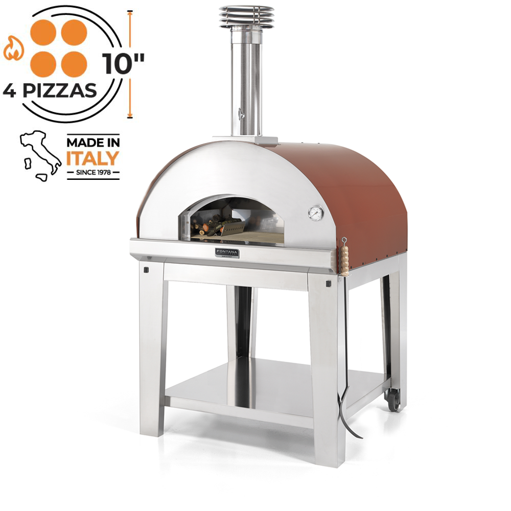 Fontana Forni - Marinara Countertop Wood Fired Pizza Oven with Trolley Rosso. Product image with white background. The Outdoor Grill Company.