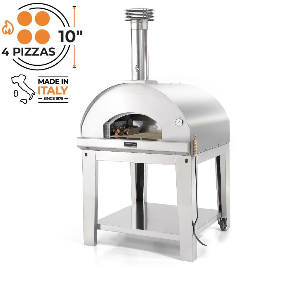 Fontana Forni - Marinara Countertop Wood Fired Pizza Oven with Trolley. Shows product image, white background. The Outdoor Grill Company.