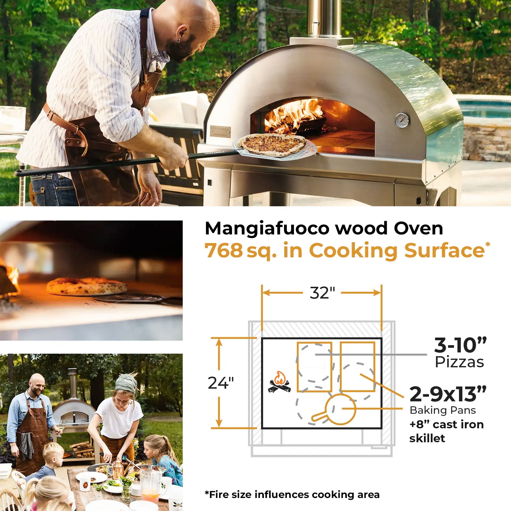 Fontana Forni Mangiafuoco Pizza Oven Including Trolley - multiple lifestyle pics shown with cooking surface dimensions