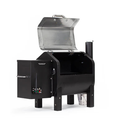 Green Mountain Grill - Trek Prime Stainless Wood Pellet Smoker - Stainless Steel side view lid up.  The Outdoor Grill Company.