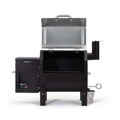 Green Mountain Grill - Trek Prime Stainless Wood Pellet Smoker - Stainless Steel lid open.  The Outdoor Grill Company.