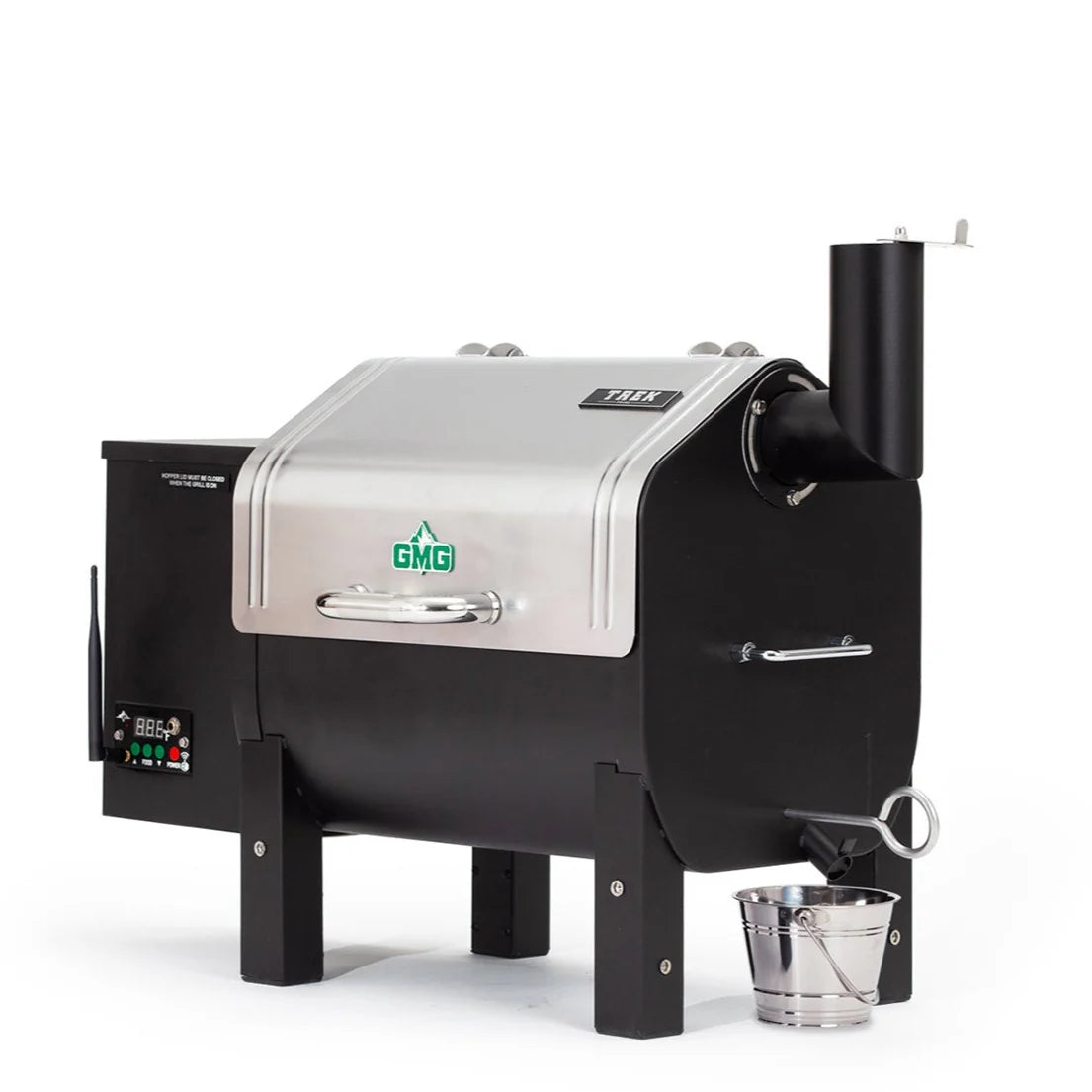 Green Mountain Grill - Trek Prime Stainless Wood Pellet Smoker - Stainless Steel side view. The Outdoor Grill Company.