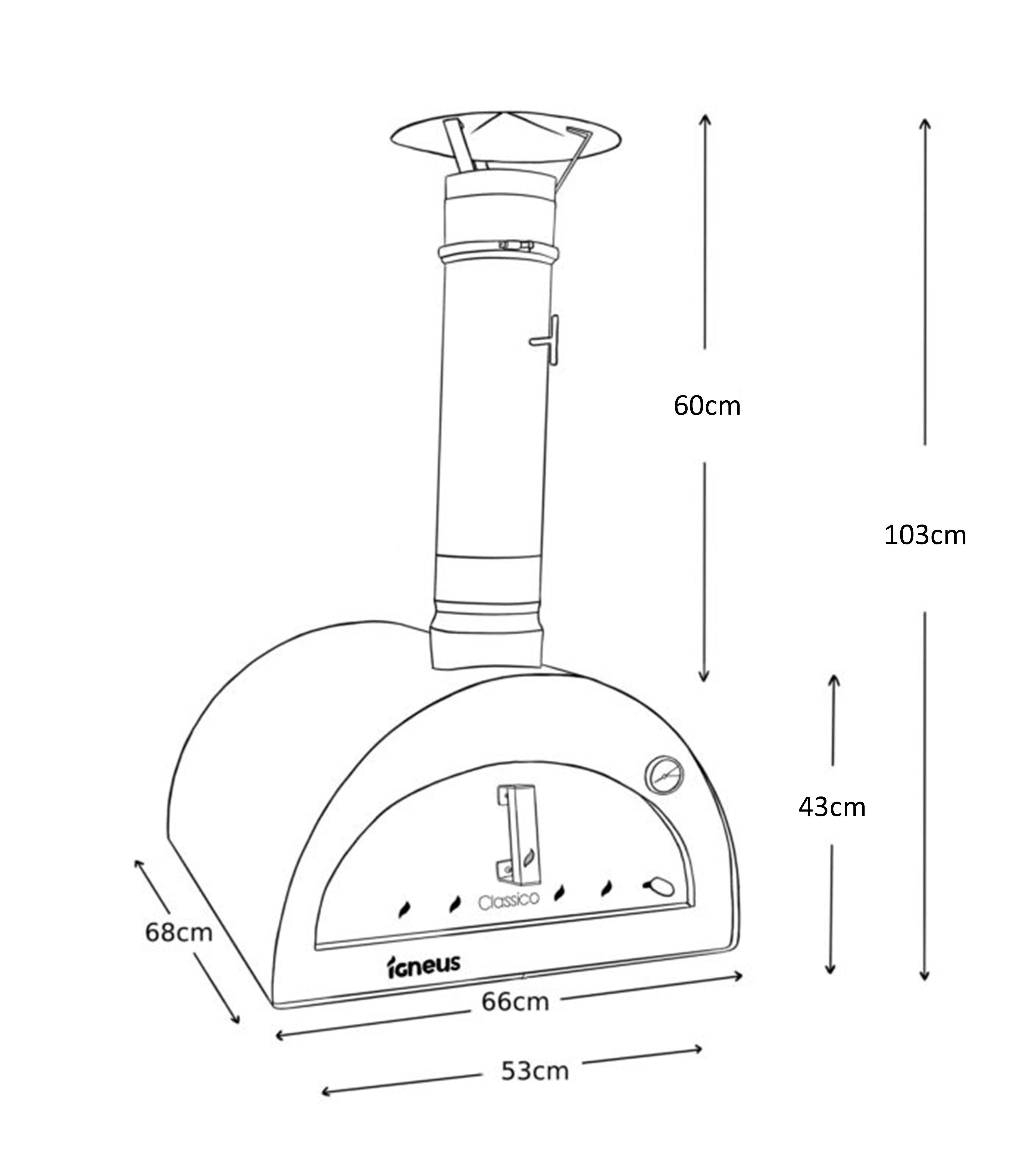 Igneus Classico - technical diagram 103cm height with chimney, 66cm wide, 68cm deep