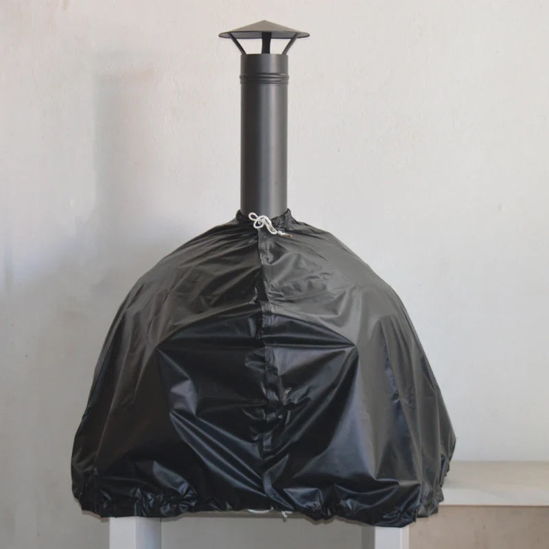 Front view of Black universal Cover, fully half covering XclusiveDecor Wood Fired Pizza Oven. From The Outdoor Grill Company