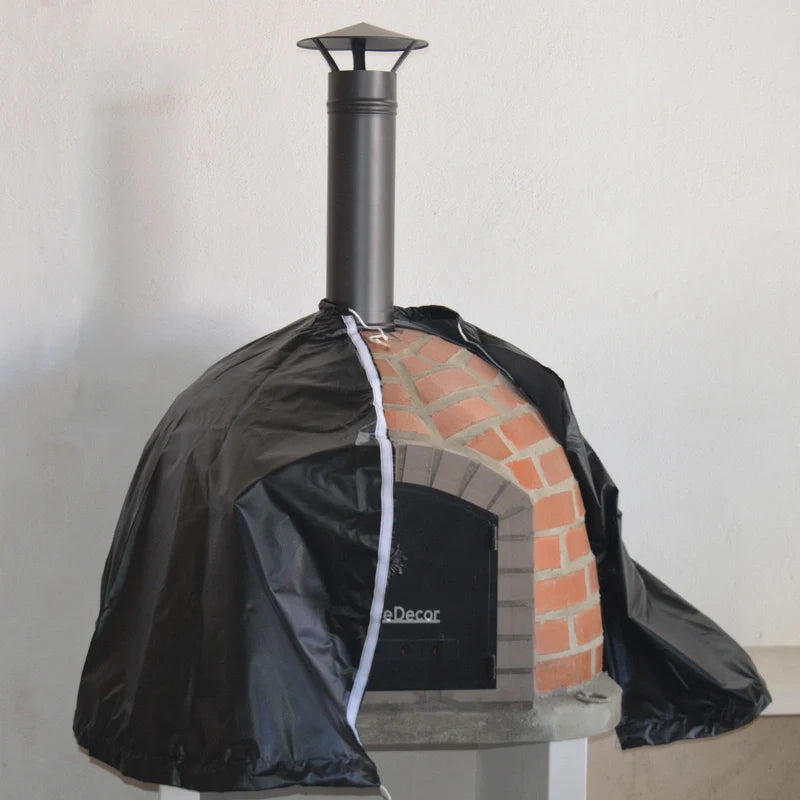 Front view of Universal Cover half covering XclusiveDecor Wood Fired Pizza Oven. From The Outdoor Grill Company