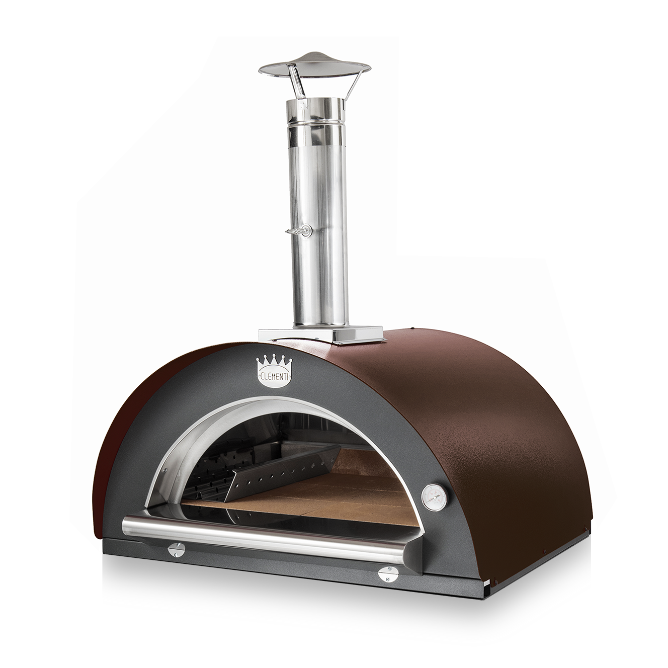 Clementi Wood Fired Pizza Oven 100x80 Copper colour. Door open. The Outdoor Grill Company.