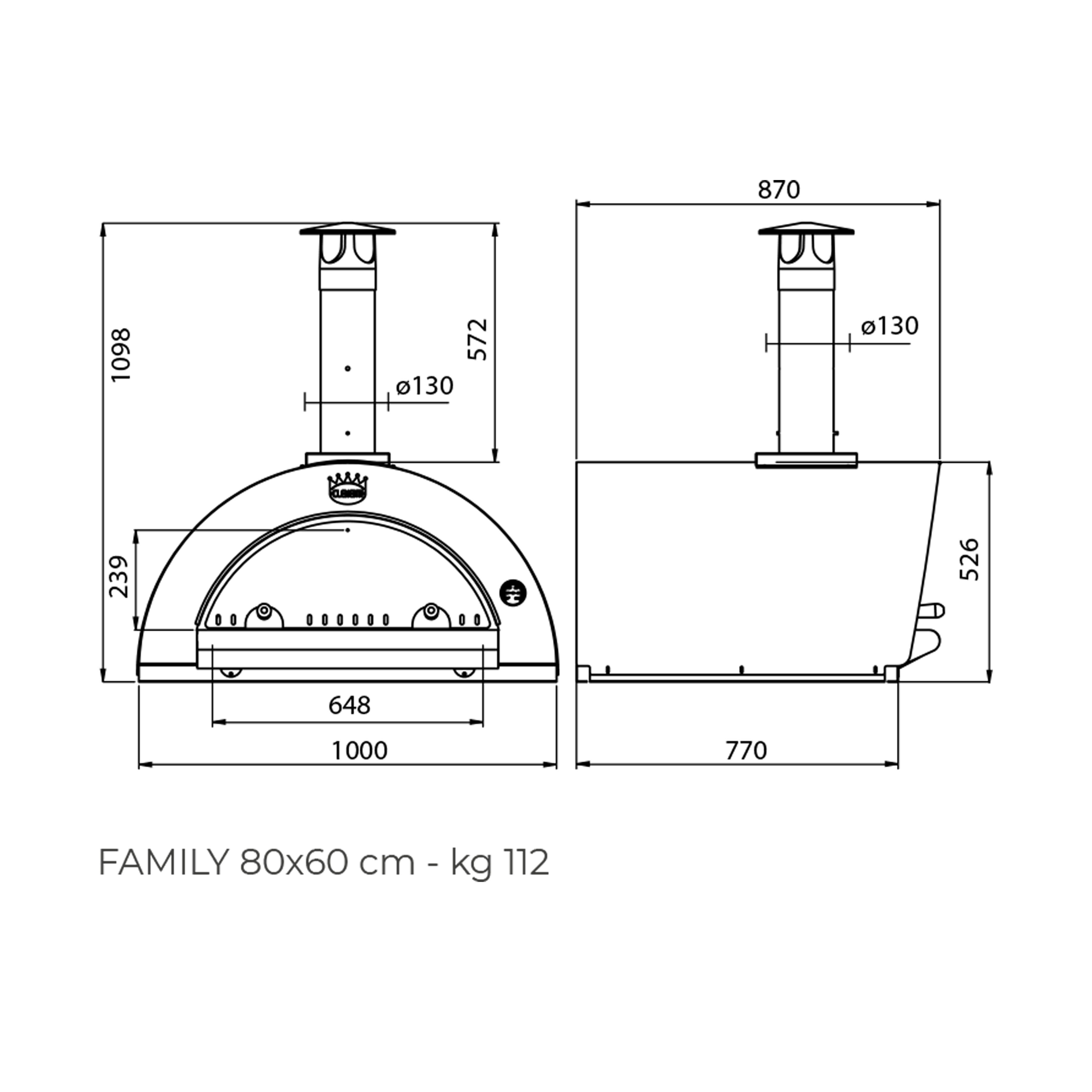 Clementi Wood Fired Pizza Oven 80x60 technical drawing showing dimensions. The Outdoor Grill Company.