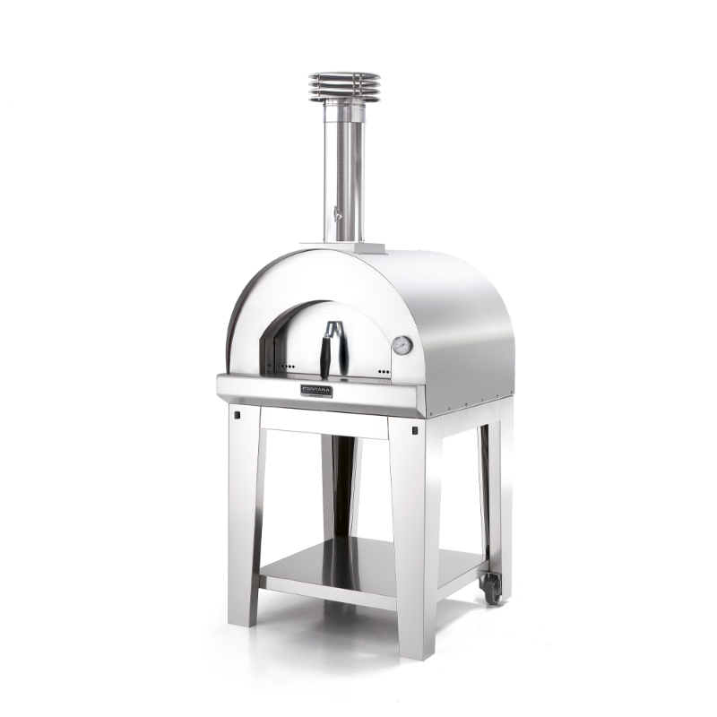 Fontana Forni Margherita Countertop-Wood-Fired Oven Stainless Steel with Trolley. Product image with white background also with cooking capacity diagram showing 2x 10 inch pizzas.