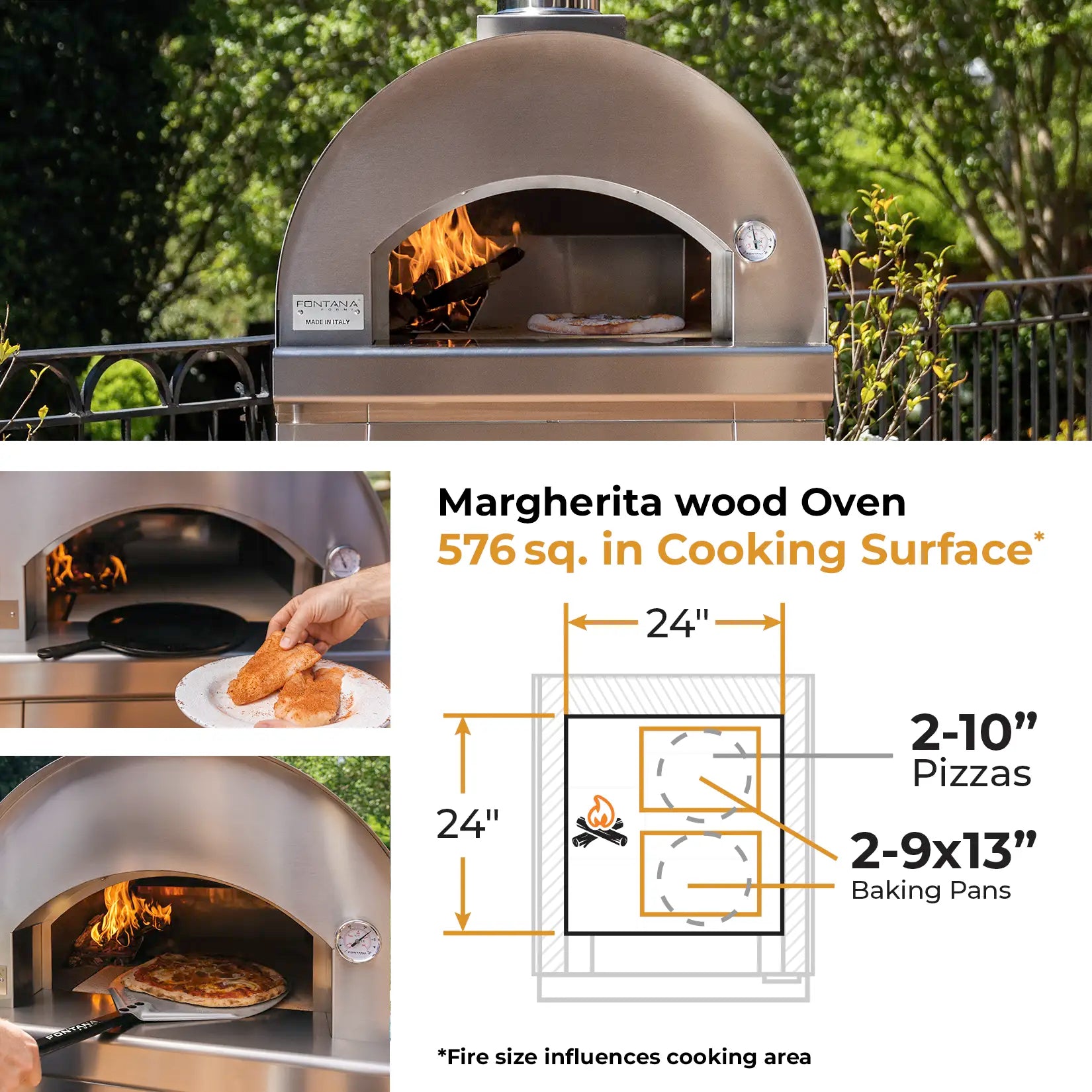 Fontana Forni Margherita oven Lifestyle pictures also showing infographics with cooking surface at 24 inch square
