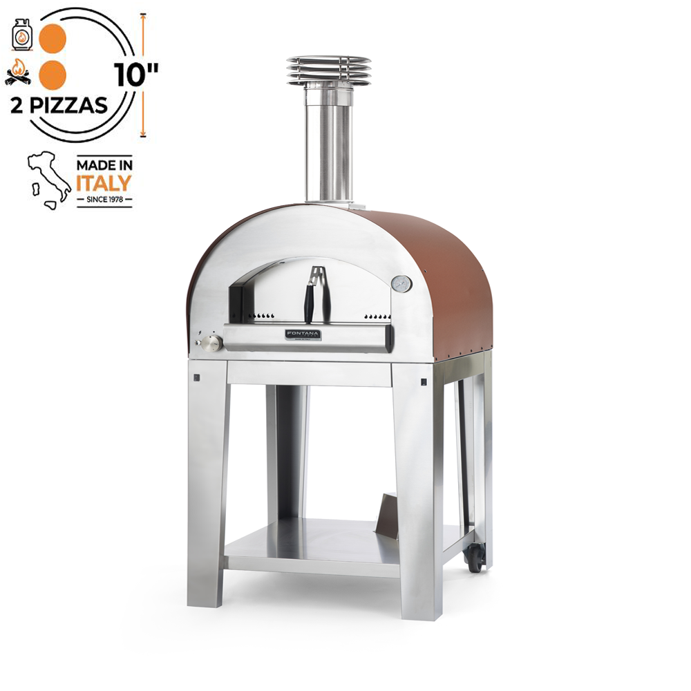 Fontana Forni Marghertia Rosso Gas and Wood Hybrid counter top with Trolley. Product image with white background. The Outdoor Grill Company. 