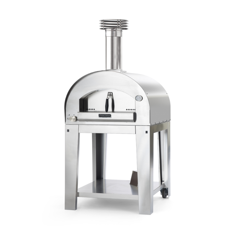 Fontana Forni Marghertia Stainless Steel Gas and Wood Hybrid counter top with Trolley. Product image with white background. The Outdoor Grill Company. 