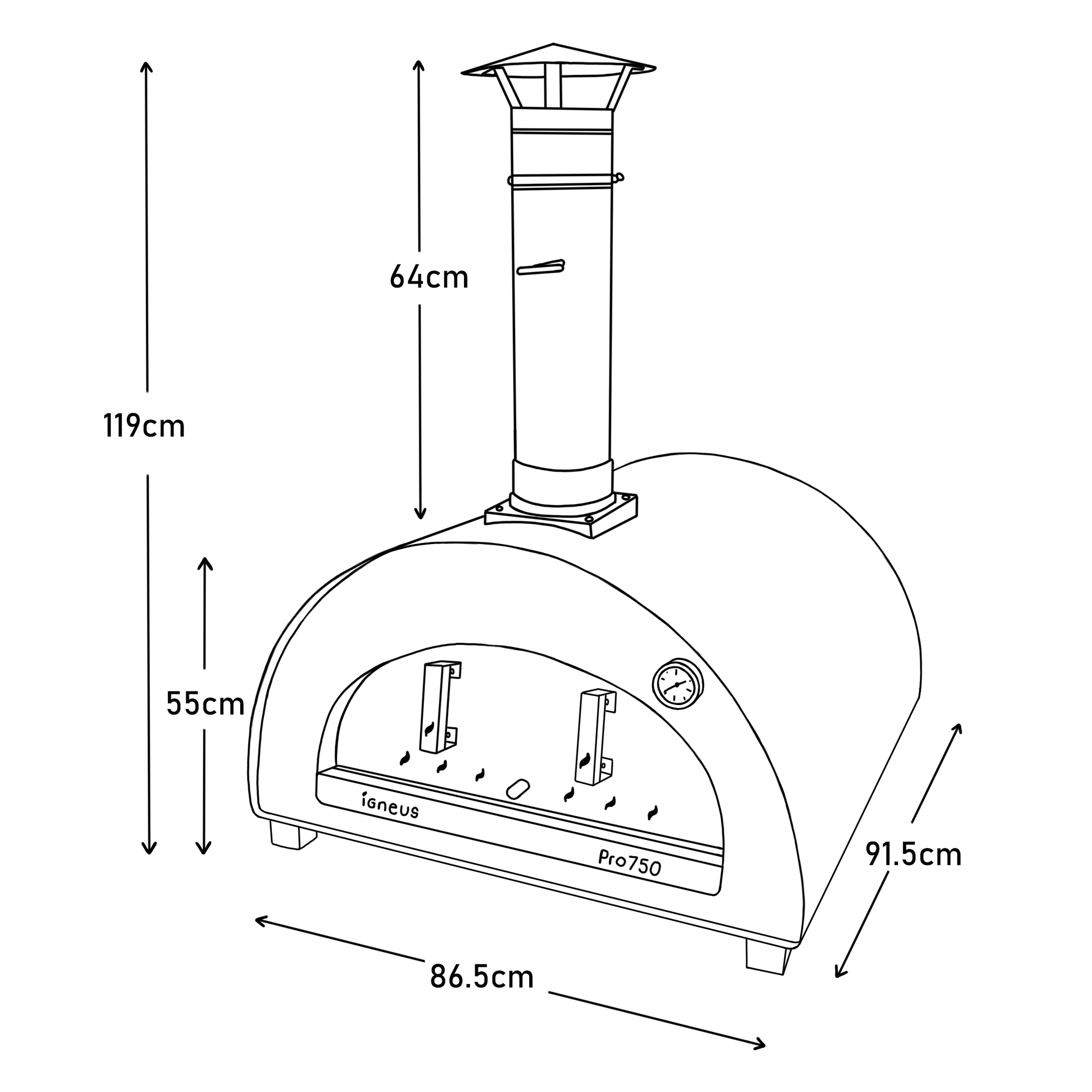 Igneus Pro 750 wood fired pizza oven - technical diagram