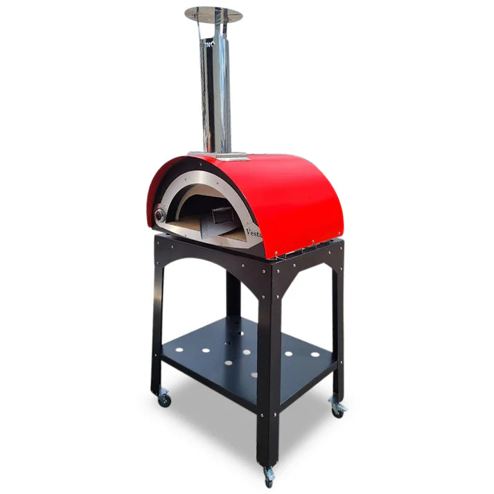 Product image of the Inferno Vesta Wood-Fired Pizza Oven in Red, shown with Stand. By The Outdoor Grill Company.  Image 2 of 2.