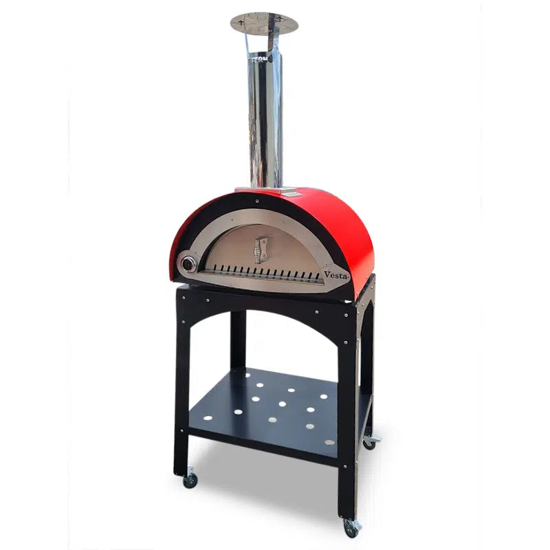 Product image of the Inferno Vesta Wood-Fired Pizza Oven in Red, shown with Stand. By The Outdoor Grill Company.  Image 1 of 2. 